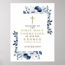 Marinblå Boho Blommig Första Kommunion Välkomstsky Poster