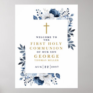 Marinblå Boho Blommig Första Kommunion Välkomstsky Poster