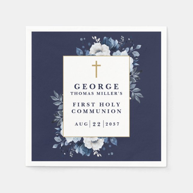 Marinblå Boho Blommig Första Nattvarden Pappersservett (Framsidan)