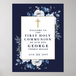 Marinblå Boho Blommig Första Nattvarden Välkomstsk Poster