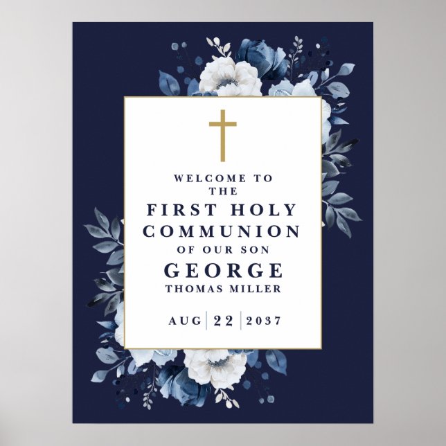 Marinblå Boho Blommig Första Nattvarden Välkomstsk Poster (Framsidan)