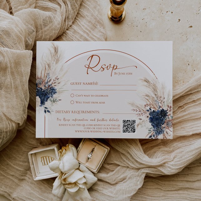 Marinblå Boho Rustik Bröllop RSVP-kort OSA Kort (Navy Blue Boho Rustic Wedding Response Card)