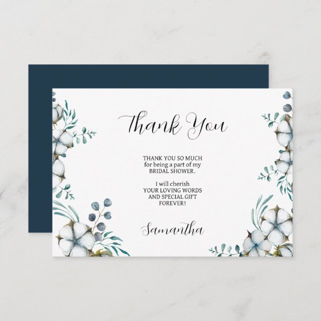 Marinblå bomull blommor eukalyptus Bröllopsfest Tack Kort (Fram/baksida)
