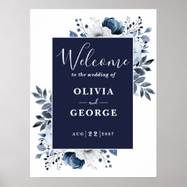 Marinblå Botanisk Blommig Bröllop Välkomstskylt Poster