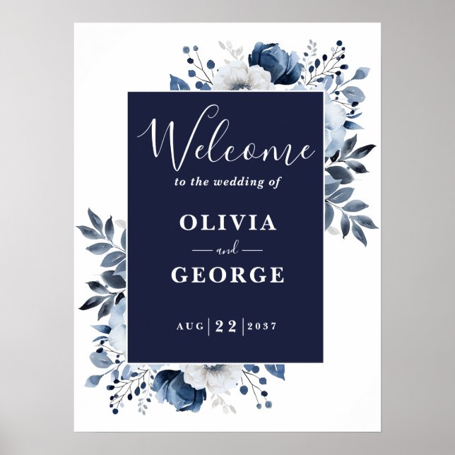 Marinblå Botanisk Blommig Bröllop Välkomstskylt Poster (Framsidan)