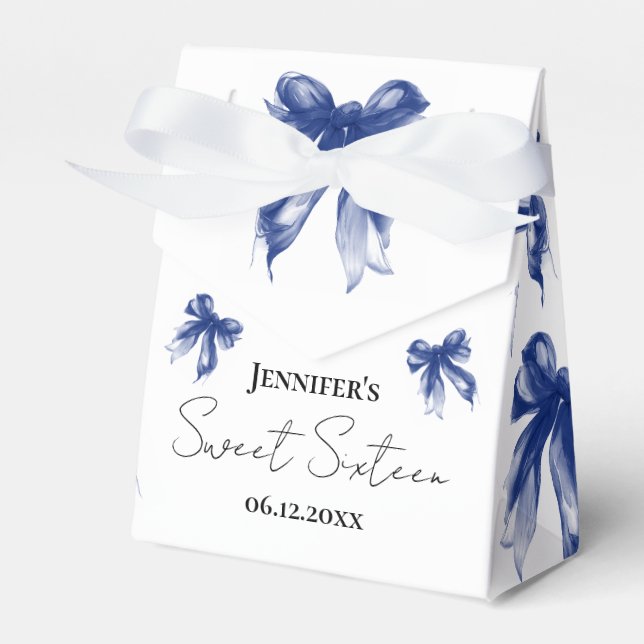 Marinblå Bow Coquette Script Sweet 16 Tackkort Presentaskar (Framsidan Sidan)