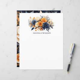Marinblå, bränd orange & champagne blomsterbröllop