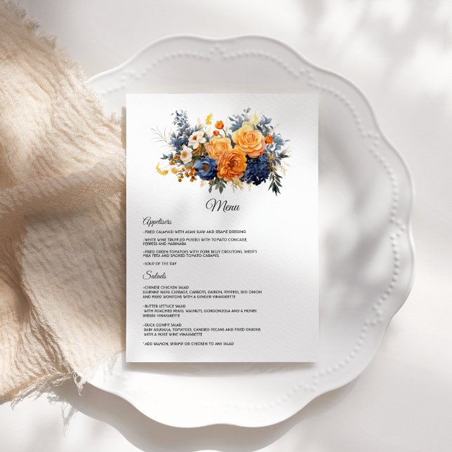 Marinblå, brändorange och champagnejlika blommiga  meny (Navy Blue, Burnt Orange & Champagne Floral Wedding Menu)