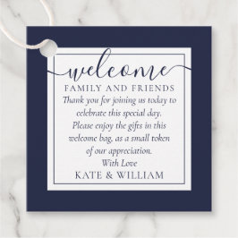 Marinblå bröllop välkomstpresent korgpåse gåvor etiketter