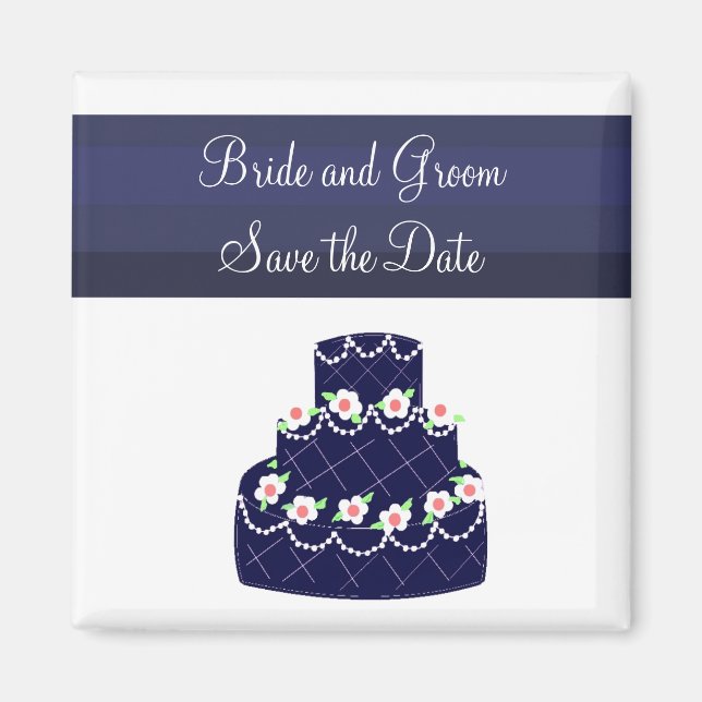 Marinblå Bröllopstårta Save the Date Magnet (Framsidan)