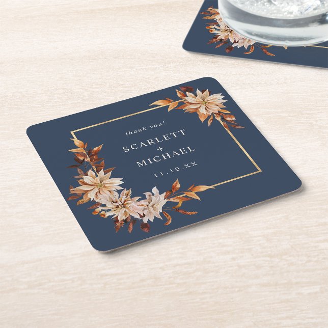 Marinblå bröllpappersträcka underlägg papper kvadrat (Navy Blue Floral Wedding Paper Coaster by Painted Paperie
)