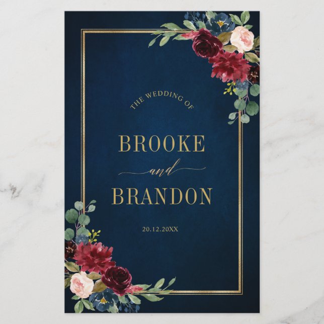 Marinblå Burgunder Röd Geometrisk Bröllopsprogram (Framsida)