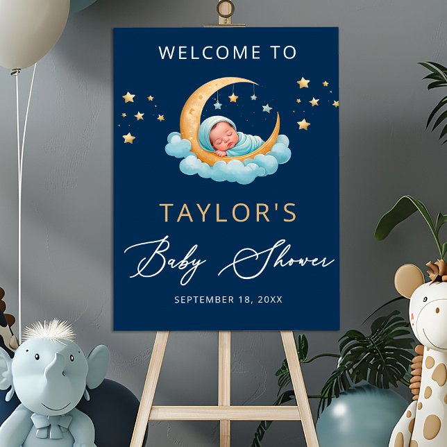 Marinblå Celestial Måne Stjärnor Baby Shower Välko Poster (Skapare uppladdad)