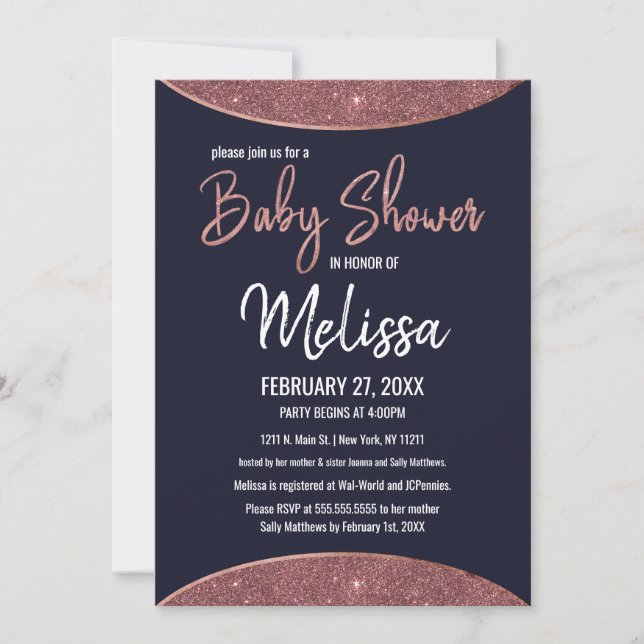 Marinblå cirkulärbaby shower för rosa guld- inbjudningar (Framsida)