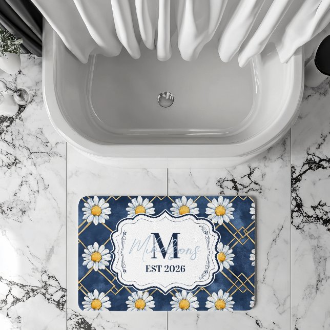 Marinblå Daisy Gingham Monogram Dekor Badrumsmatta (Skapare uppladdad)