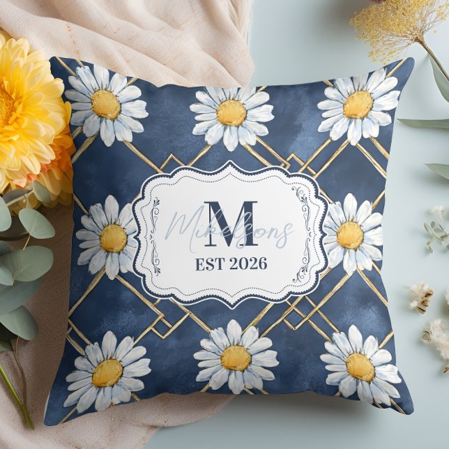 Marinblå Daisy Gingham Monogram Dekor Kudde (Skapare uppladdad)