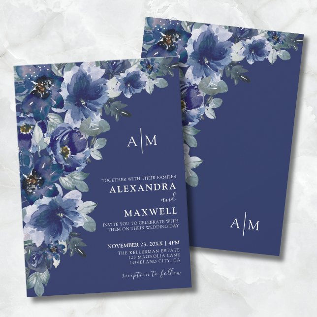 Marinblå Elegant Blommig Bröllop Inbjudningar (Navy Blue Dark Elegant Modern Floral Wedding Invitation)