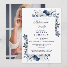 Marinblå Elegant Blommig Pensioneringsfest Foto Inbjudningar