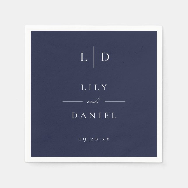 Marinblå Elegant Minimalistisk Monogram Bröllop  Pappersservett (Framsidan)