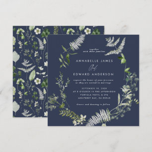 Marinblå elegant modern botanisk script bröllop inbjudningar