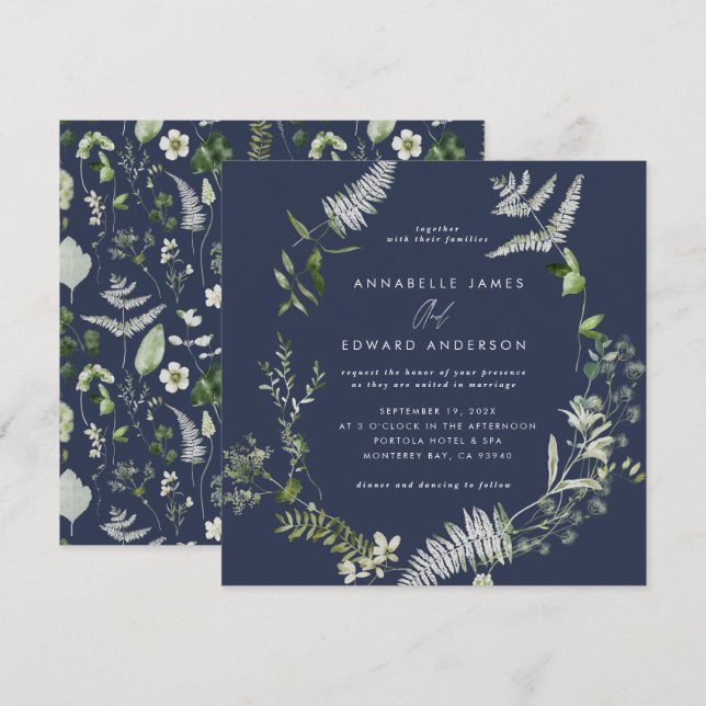 Marinblå elegant modern botanisk script bröllop  inbjudningar (Fram/baksida)