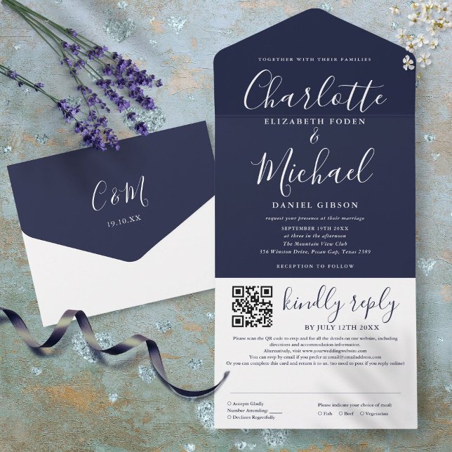 Marinblå Elegant Modernt Skript QR-kod Bröllop (Navy Blue Elegant Modern Script QR Code Wedding All In One Invitation)