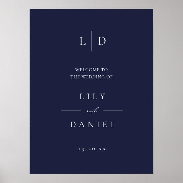 Marinblå Elegant Monogram Bröllopsvälsignsskylt Poster (Framsidan)