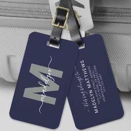 Marinblå Elegant Namnmonogram Bagagebricka