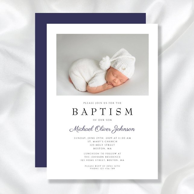 Marinblå Elegant Pojkfoton Dop Inbjudningar (Navy Blue Elegant Photo Boy Baptism Invitation)