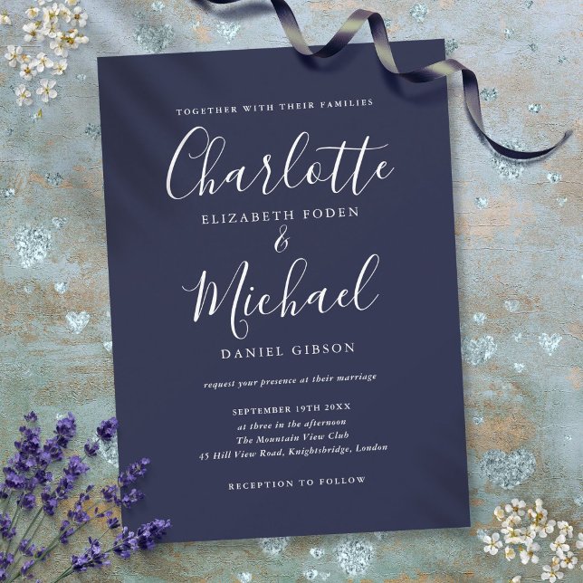  Marinblå Elegant Signatur Bröllopsskrift  Inbjudningar (Navy Blue Elegant Signature Script Wedding Invitation)
