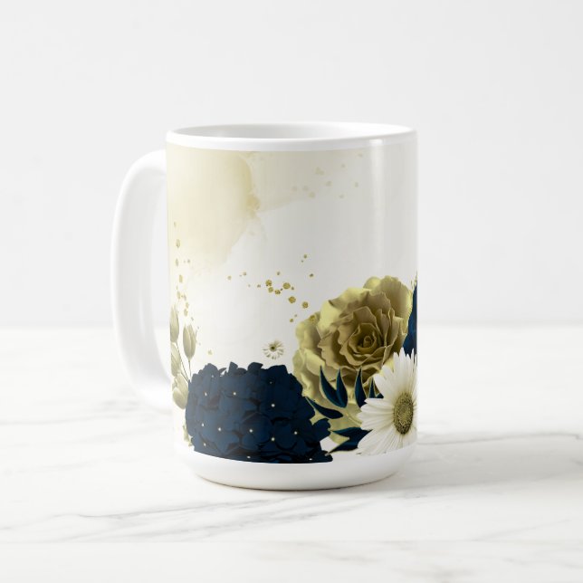 marinblå elfenbensgula blommor bröllop kaffemugg (Framsida vänster)