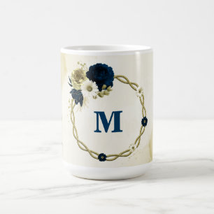 marinblå elfenbensguld blommor monogram kaffemugg