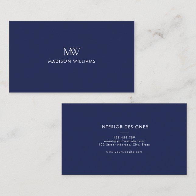 Marinblå Enkel Elegant Modernt Monogram Visitkort (Fram/baksida)