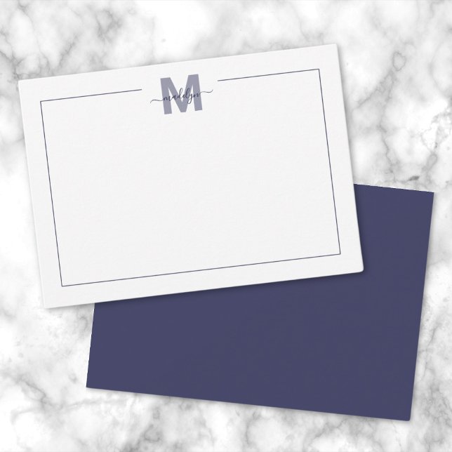 Marinblå Enkel Minimalistisk Namn Monogram Anteckningskort (Navy Blue Simple Minimalist Name Monogram Note Card)