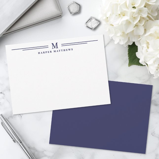 Marinblå Enkel Två Kant Minimalistisk Anteckningskort (Navy Blue Simple Two Border Minimalist Note Card )