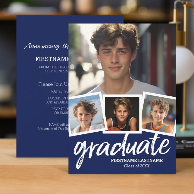 Marinblå examensmeddelande med 4 bilder inbjudningar (Classic Graduation Announcement and Party Invitation with 4 Photos)