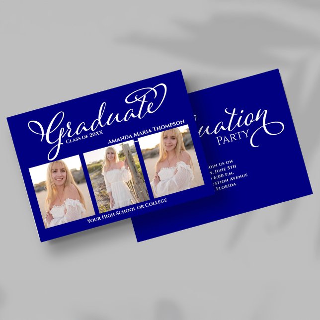 Marinblå Foto Collage Examen Kort (Navy blue script graduation photo collage announcement with three senior portraits.)