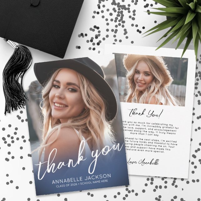Marinblå Foto Examen Tack Kort (Navy Blue Photo Graduation Thank You Card)