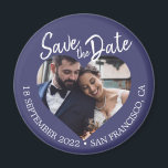 Marinblå Foto Modernt manus Spara datumet Magnet<br><div class="desc">Marinblå modern script-foto spara datum-magnet med ett hjärtformat fotofönster,  djupmarinblå bak</div>