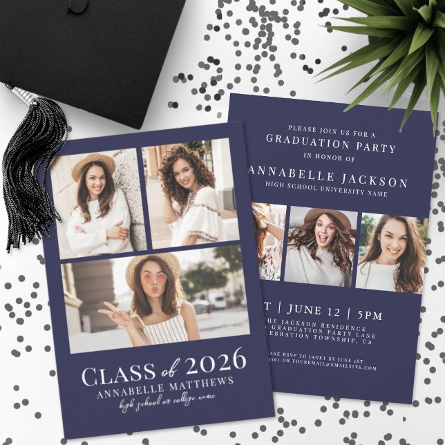 Marinblå fotofestkort för examensfirande inbjudningar (Navy Blue Photo Graduation Party Invitation)