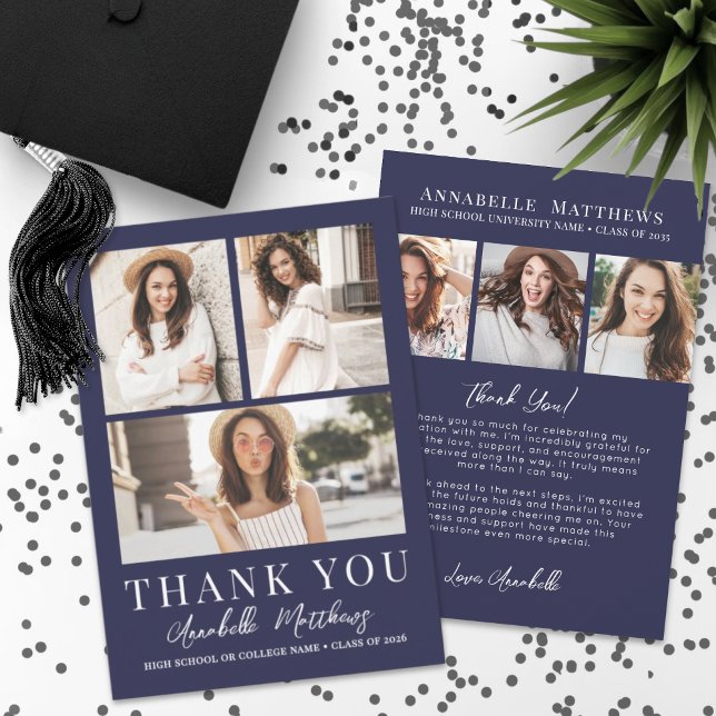 Marinblå fotokollage Examen Tack Kort (Navy Blue Photo Collage Graduation Thank You Card)