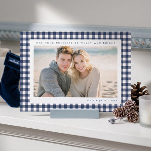 Marinblå Gingham Ram Julfotografi Julkort