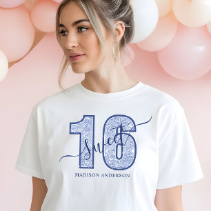 Marinblå glitter skrift Sweet 16 födelsedag T Shirt