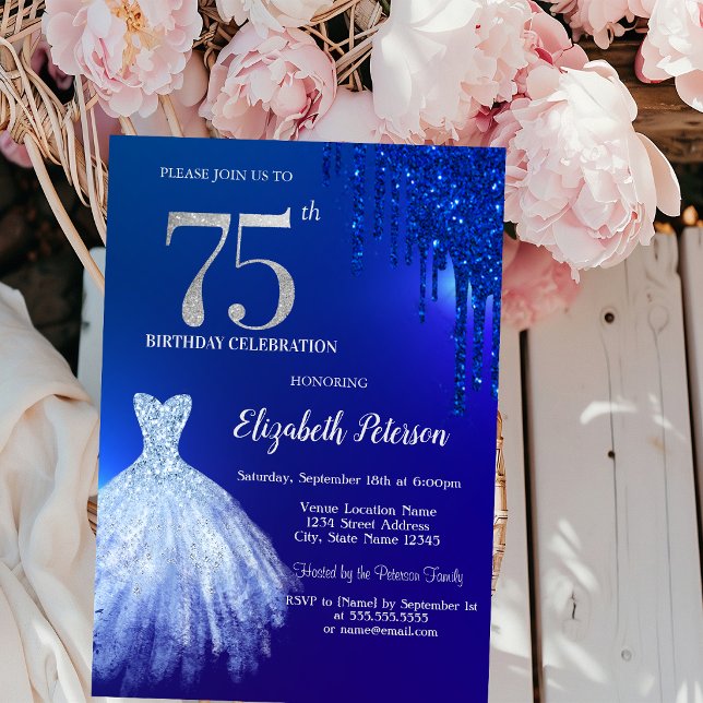 Marinblå Glitterdroppar, Klänning Blå 75-årsdag Inbjudningar (Skapare uppladdad)