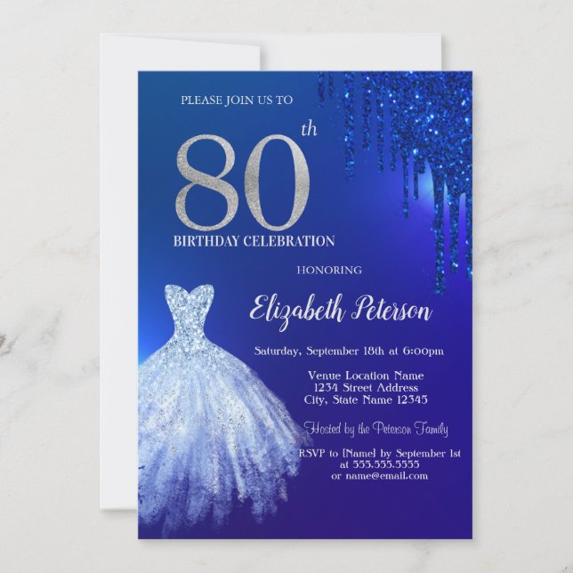 Marinblå glitterdroppar, Klänning Blå 80-årsdag Inbjudningar (Framsida)