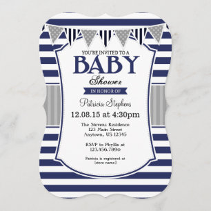 Marinblå grått görar randig baby showerinbjudan inbjudningar