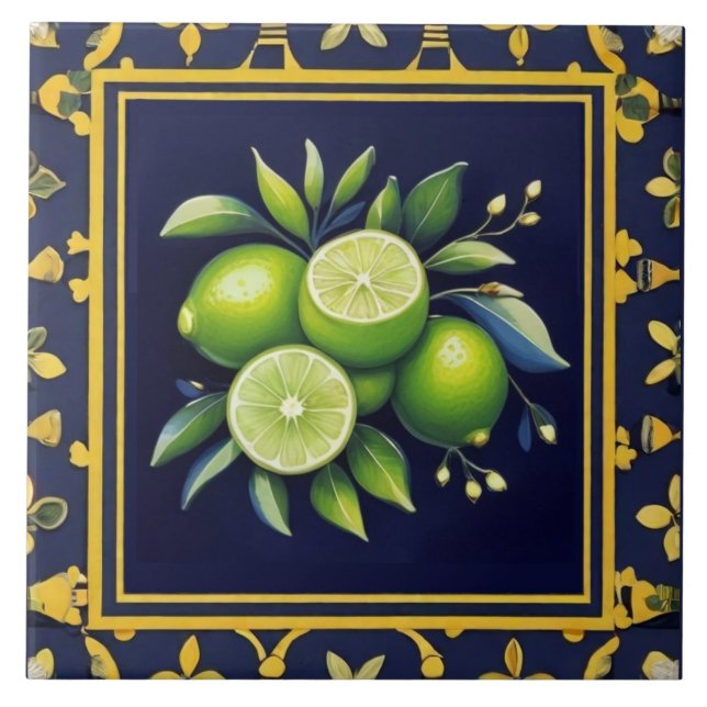 Marinblå & Gröna Limes Citrusfrukt Medelhavet Kakelplatta (Framsidan)