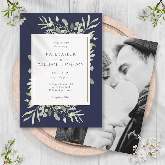 Marinblå grönska blad foto bröllop  inbjudningar (Navy Blue Greenery Leaves Photo Wedding Invitation)