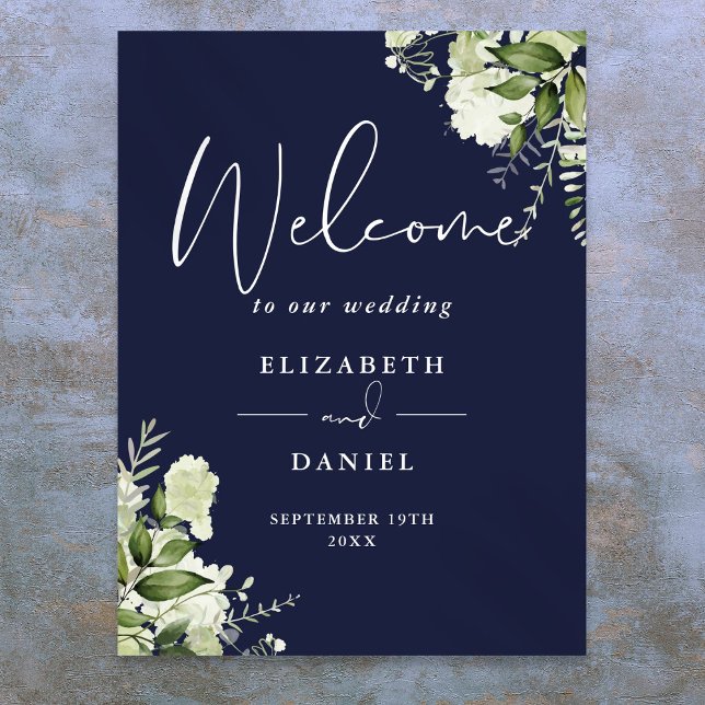 Marinblå Grönska Blommig Bröllop Välkomstskylt Poster (Navy Blue Greenery Floral Wedding Welcome Sign)