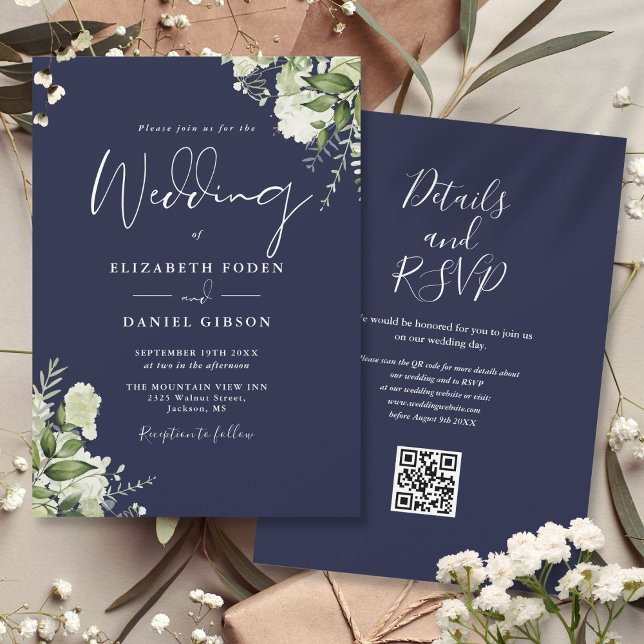 Marinblå Grönska Blommig QR-kod Bröllop Inbjudningar (Navy Blue Greenery Floral QR Code Wedding Invitation)